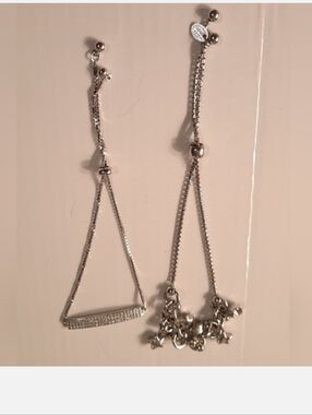 Sterling Silver Tone Dainty Bar & Charm Adjustable Bracelet Set